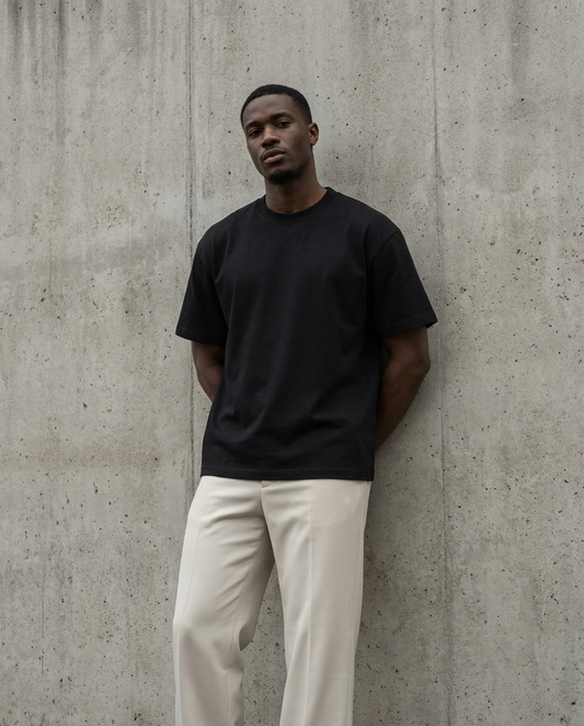 Model wearing Gilded Streets Premium Heavyweight Tee, editorial streetwear look