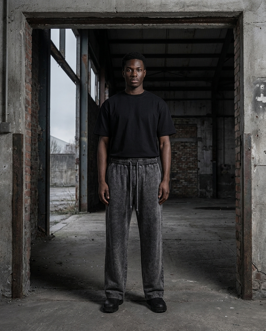 Model wearing Gilded Streets Acid Wash Straight-Leg Pant, limited drop editorial