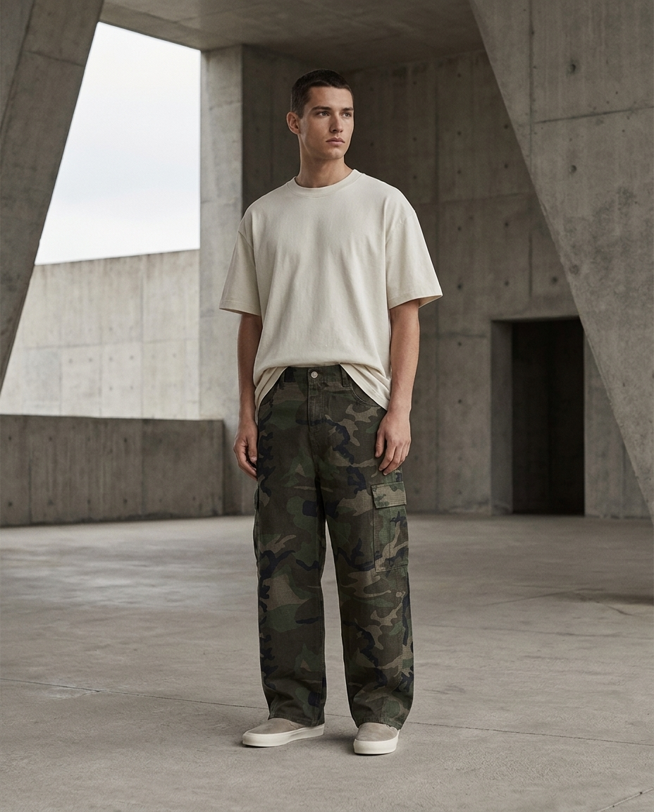 Gilded Streets camo barrel leg cargo pant worn on model, editorial