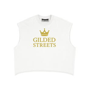 French Terry Crown Logo Boxy Tank in White, front, showing the Gilded Streets neck label