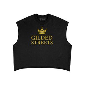 French Terry Crown Logo Boxy Tank in Black, front, showing the Gilded Streets neck label