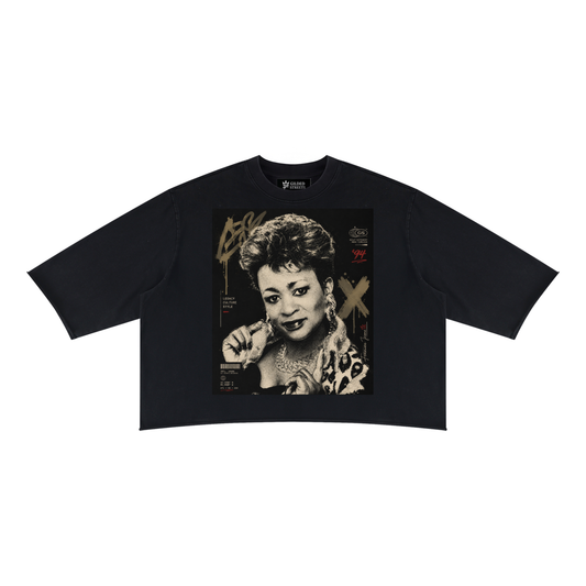 Forever Icon Mineral Wash Boxy Tee in Black, front, showing the Gilded Streets neck label