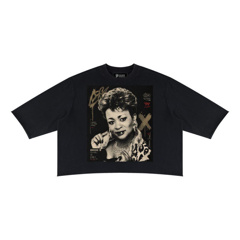 Forever Icon Mineral Wash Boxy Tee in Black, front, showing the Gilded Streets neck label
