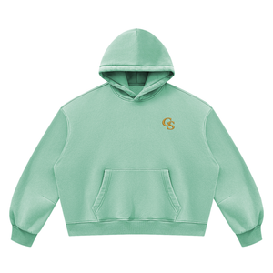 Vintage Wash Boxy Fleece Hoodie in Mint Green, front, gold GS monogram at the left chest
