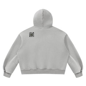 Vintage Wash Boxy Fleece Hoodie in Light Gray, back, QR emblem at the upper back