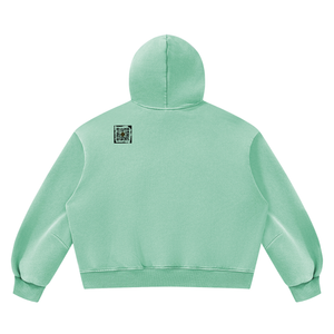 Vintage Wash Boxy Fleece Hoodie in Mint Green, back, QR emblem at the upper back