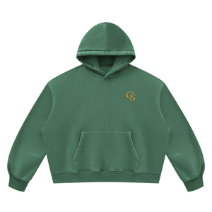 Vintage Wash Boxy Fleece Hoodie in Dark Green, front, gold GS monogram at the left chest