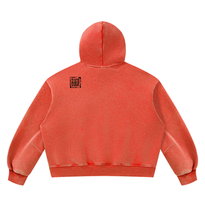 Vintage Wash Boxy Fleece Hoodie in Washed Red, back, QR emblem at the upper back