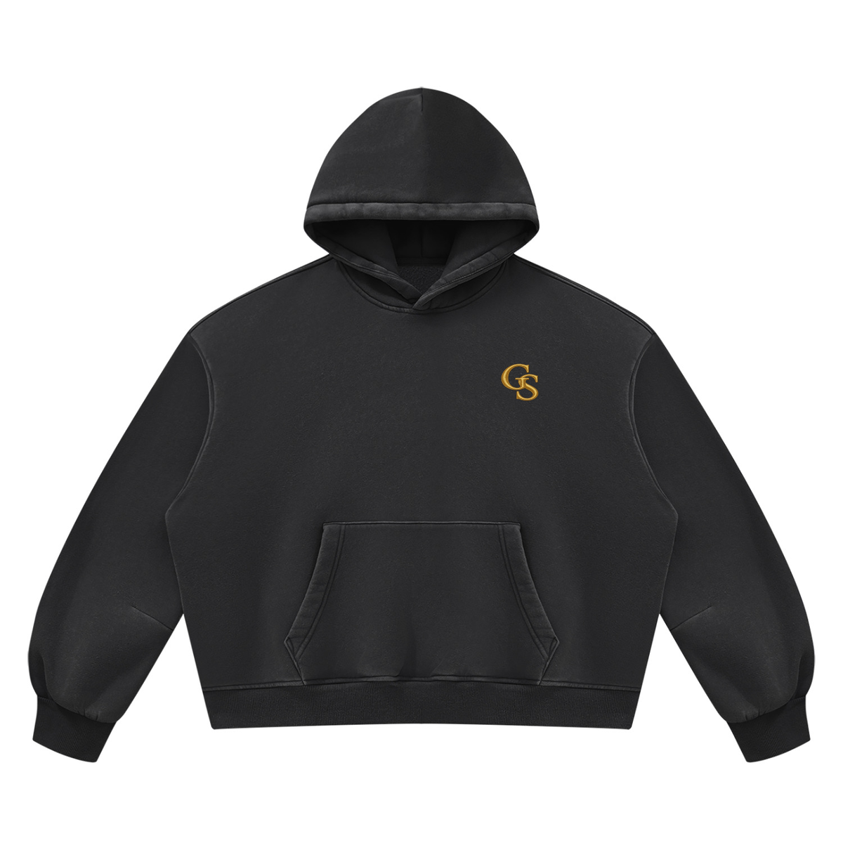 Vintage Wash Boxy Fleece Hoodie in Black, front, gold GS monogram at the left chest