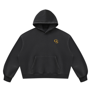 Vintage Wash Boxy Fleece Hoodie in Black, front, gold GS monogram at the left chest