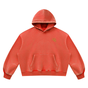 Vintage Wash Boxy Fleece Hoodie in Washed Red, front, gold GS monogram at the left chest