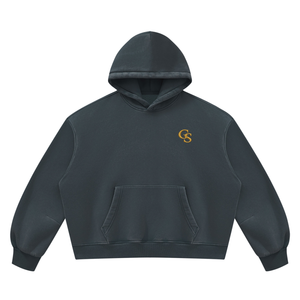 Vintage Wash Boxy Fleece Hoodie in Navy Blue, front, gold GS monogram at the left chest