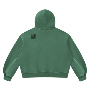 Vintage Wash Boxy Fleece Hoodie in Dark Green, back, QR emblem at the upper back