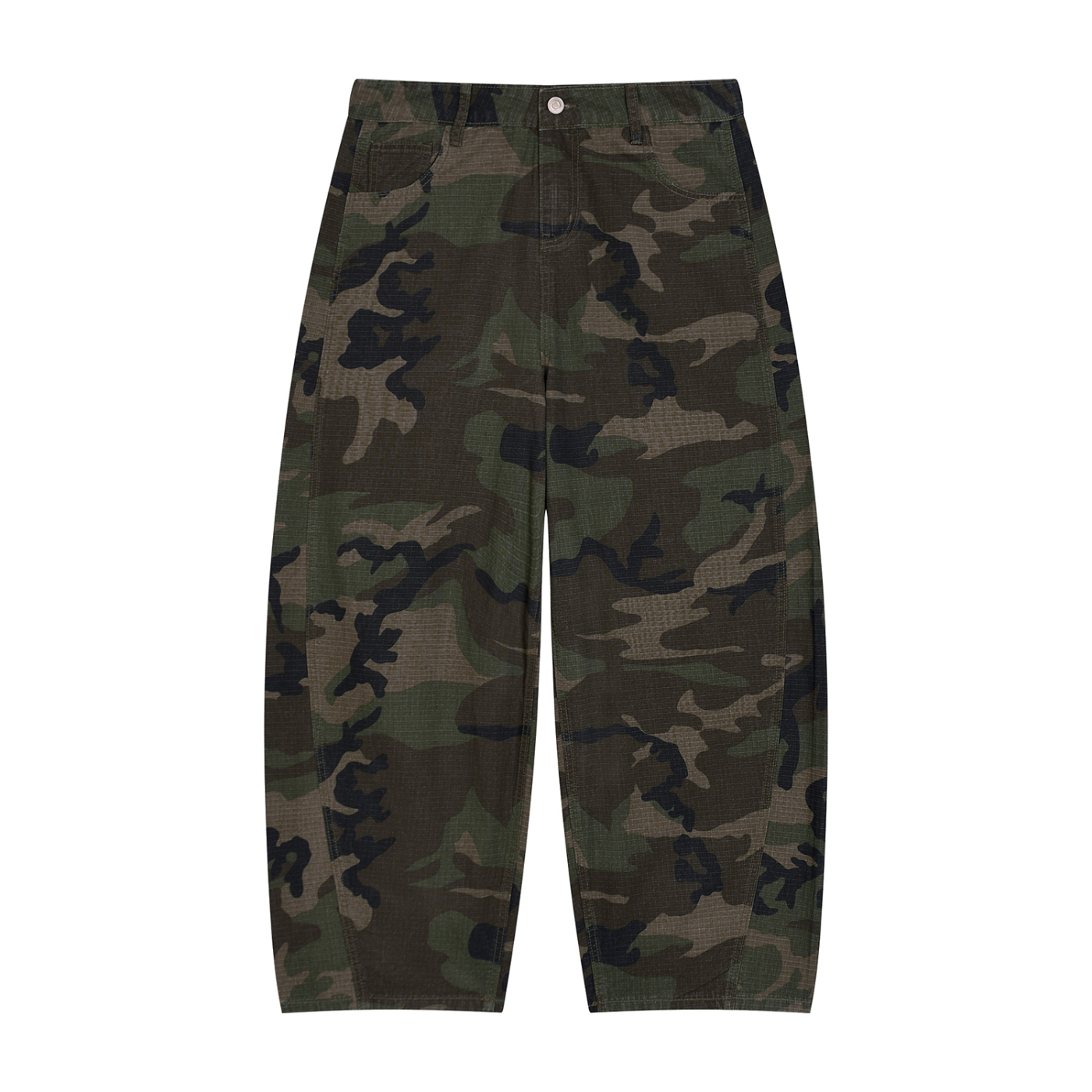 Gilded Streets camo barrel leg cargo pant in green camo, front view