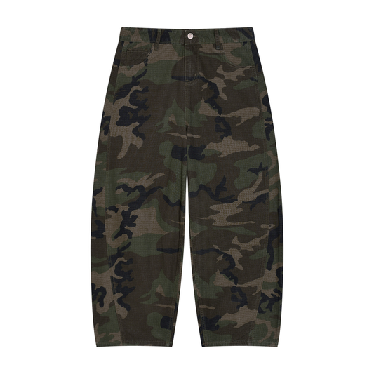Gilded Streets camo barrel leg cargo pant in green camo, front view