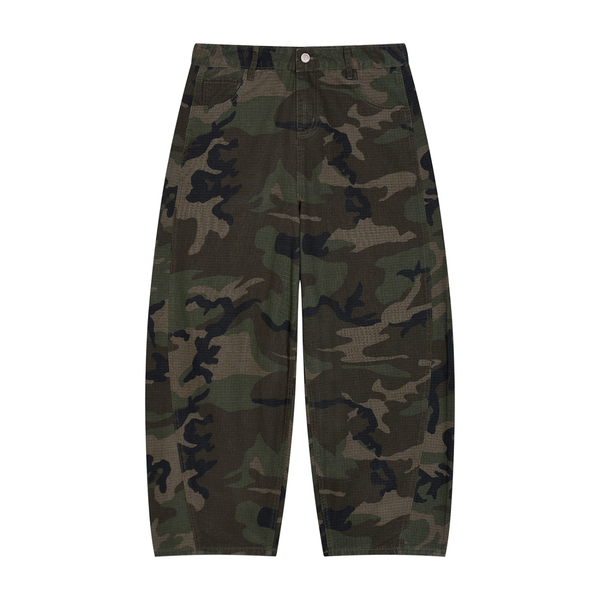 Gilded Streets camo barrel leg cargo pant in green camo, front view