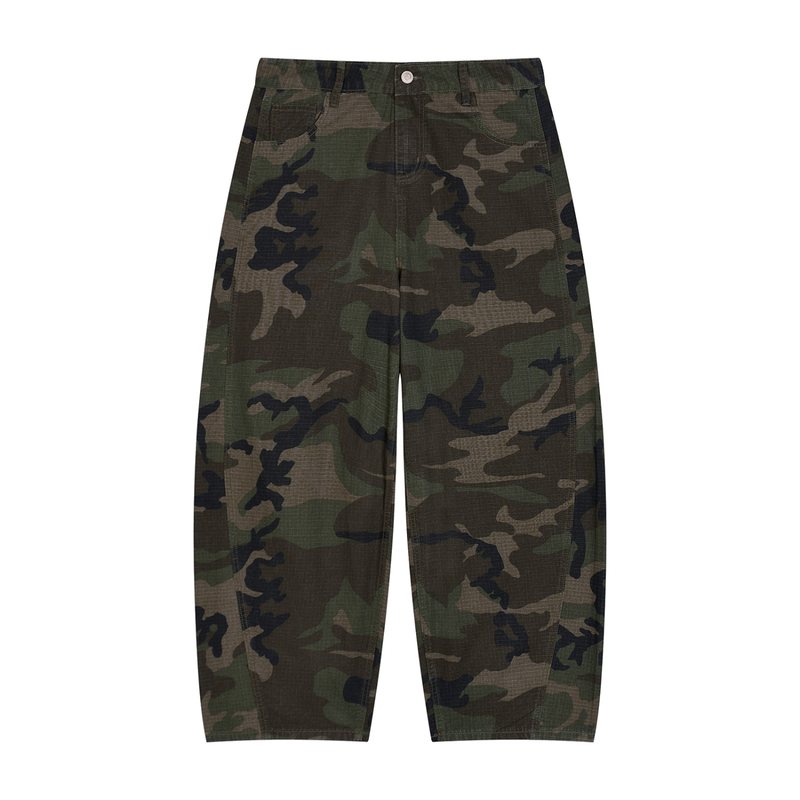 Gilded Streets camo barrel leg cargo pant in green camo, front view
