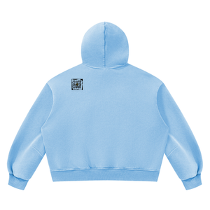 Vintage Wash Boxy Fleece Hoodie in Light Blue, back, QR emblem at the upper back