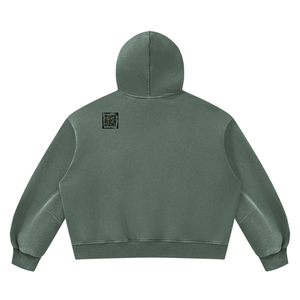 Vintage Wash Boxy Fleece Hoodie in Washed Green, back, QR emblem at the upper back