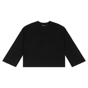 Waffle Knit Raw Hem Long Sleeve Tee in Black, front, showing the Gilded Streets neck label
