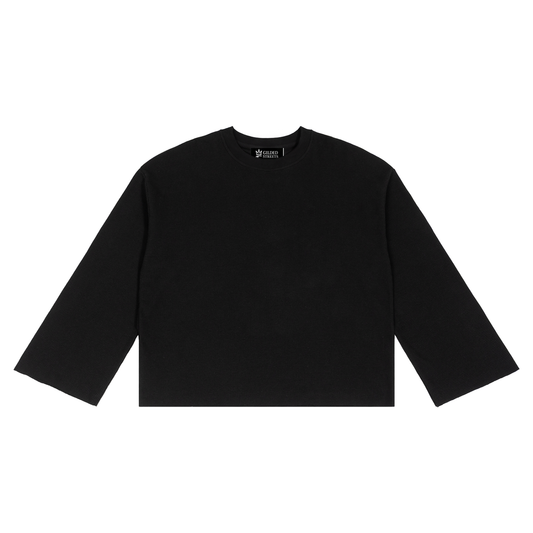 Waffle Knit Raw Hem Long Sleeve Tee in Black, front, showing the Gilded Streets neck label