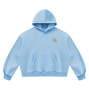 Vintage Wash Boxy Fleece Hoodie in Light Blue, front, gold GS monogram at the left chest
