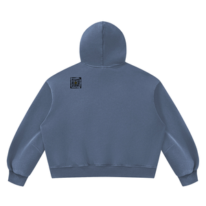 Vintage Wash Boxy Fleece Hoodie in Washed Blue, back, QR emblem at the upper back