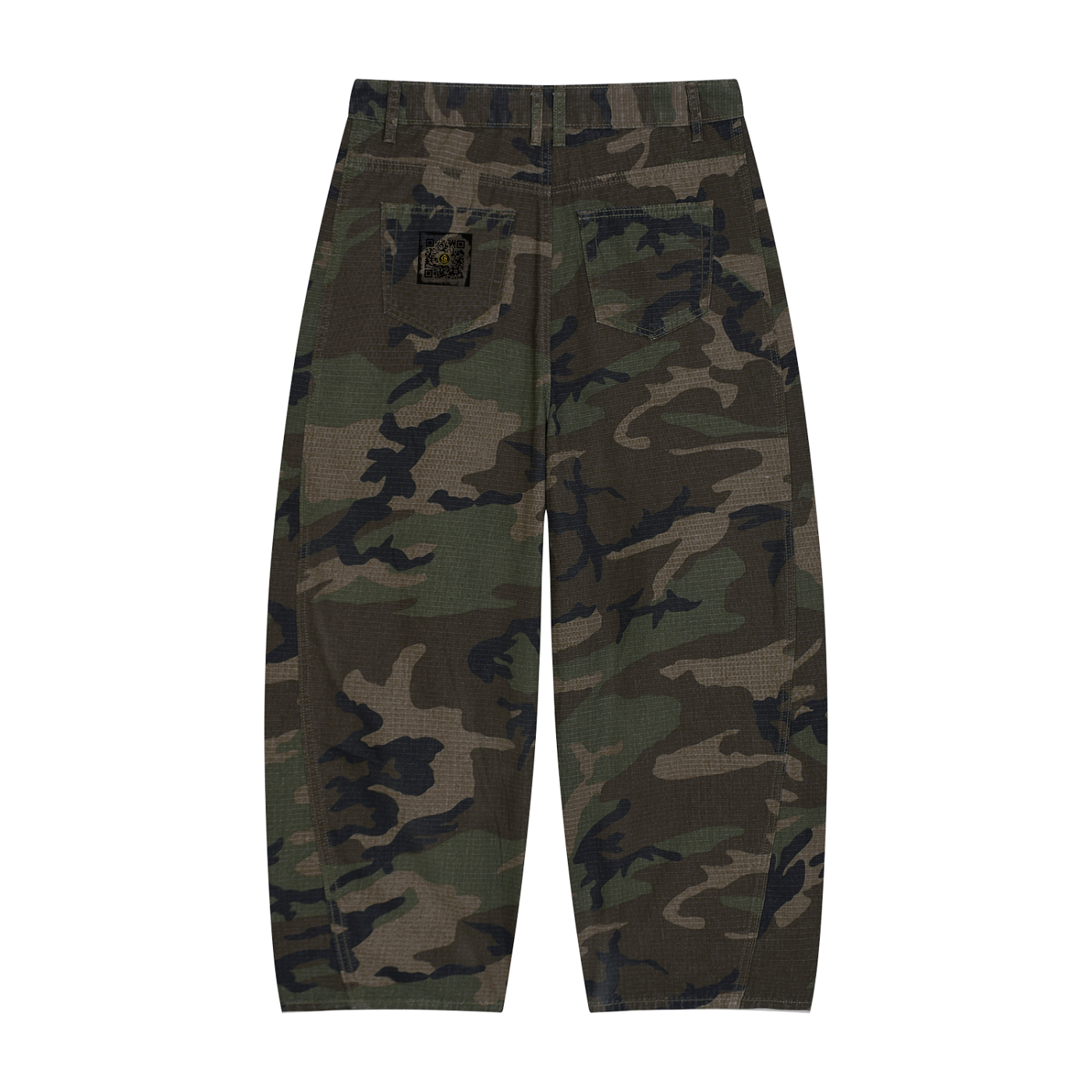 Gilded Streets camo barrel leg cargo pant in green camo, detail view