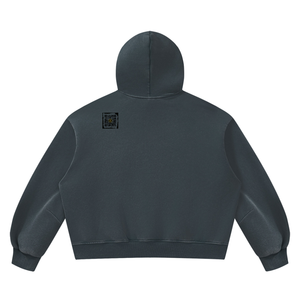 Vintage Wash Boxy Fleece Hoodie in Navy Blue, back, QR emblem at the upper back