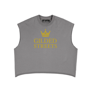 French Terry Crown Logo Boxy Tank in Gray, front, showing the Gilded Streets neck label
