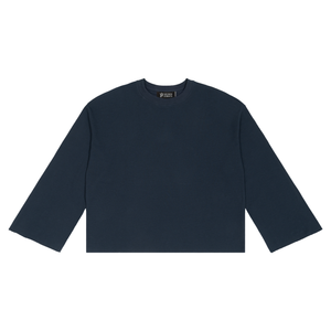 Waffle Knit Raw Hem Long Sleeve Tee in Navy Blue, front, showing the Gilded Streets neck label