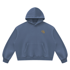 Vintage Wash Boxy Fleece Hoodie in Washed Blue, front, gold GS monogram at the left chest