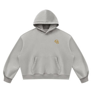 Vintage Wash Boxy Fleece Hoodie in Light Gray, front, gold GS monogram at the left chest