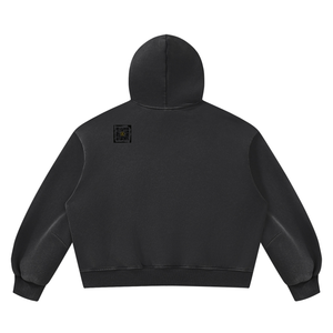 Vintage Wash Boxy Fleece Hoodie in Black, back, QR emblem at the upper back