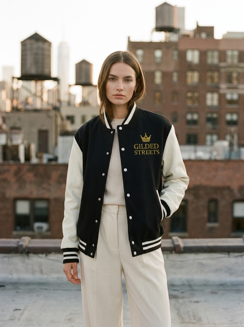Model wearing Gilded Streets Fleeced Varsity Jacket, rooftop editorial