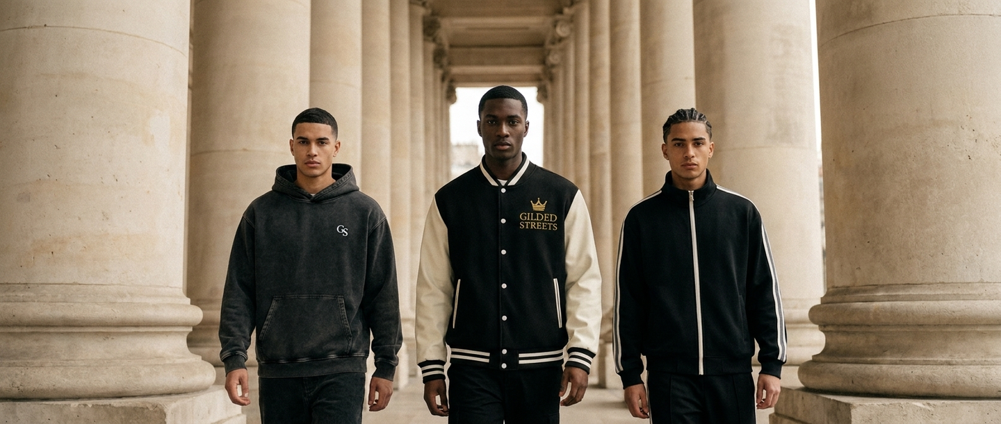Gilded Streets FW26 campaign — three models in Gilded Streets pieces walking through a stone colonnade
