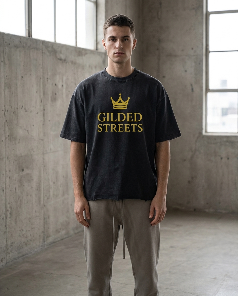 Model wearing Gilded Streets Snow Wash Raw-Hem Boxy Tee, editorial streetwear look