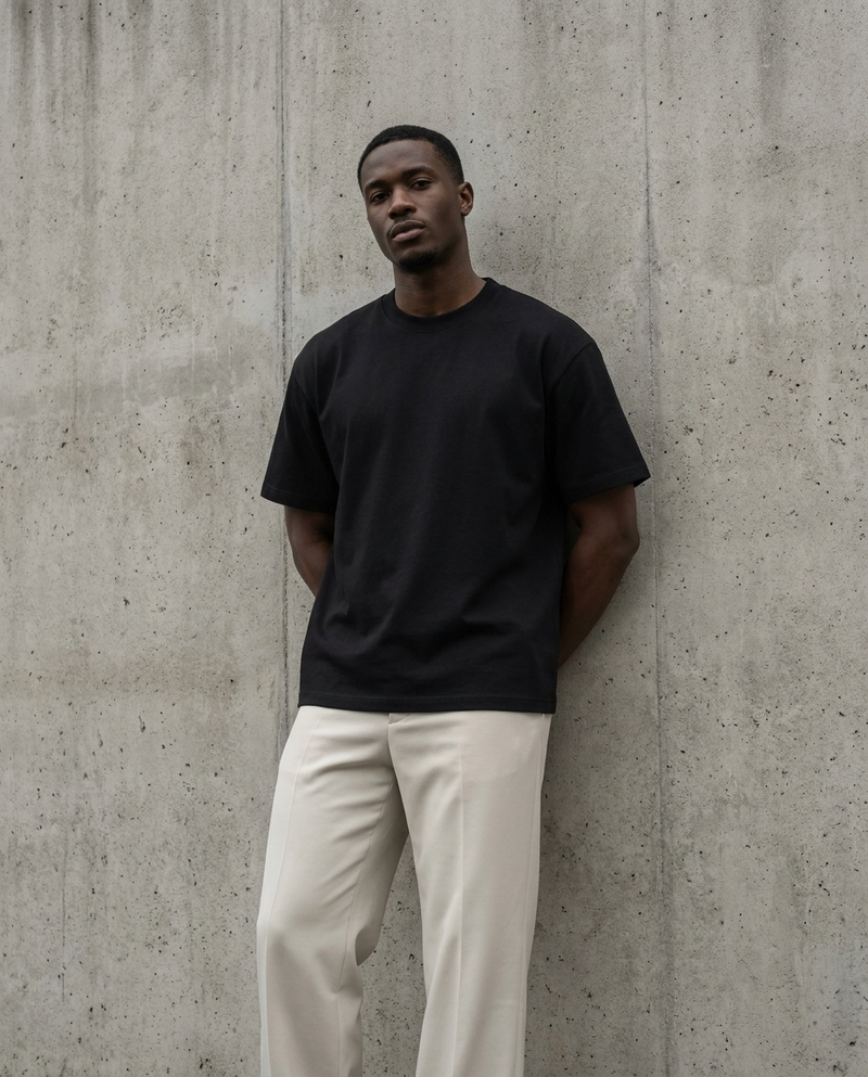 Model wearing Gilded Streets Premium Heavyweight Tee, editorial streetwear look