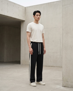 Model wearing Gilded Streets Side-Stripe Straight-Leg Pant, editorial look