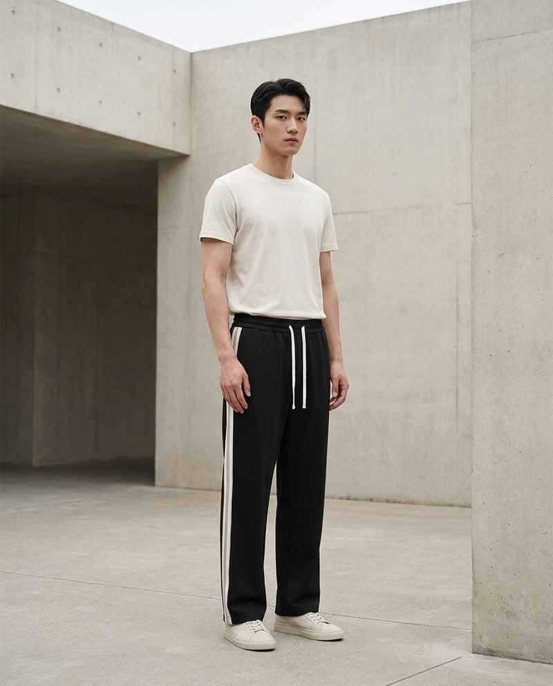 Model wearing Gilded Streets Side-Stripe Straight-Leg Pant, editorial look