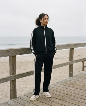 Model wearing Gilded Streets Side-Stripe Track Jacket, elevated sport luxury