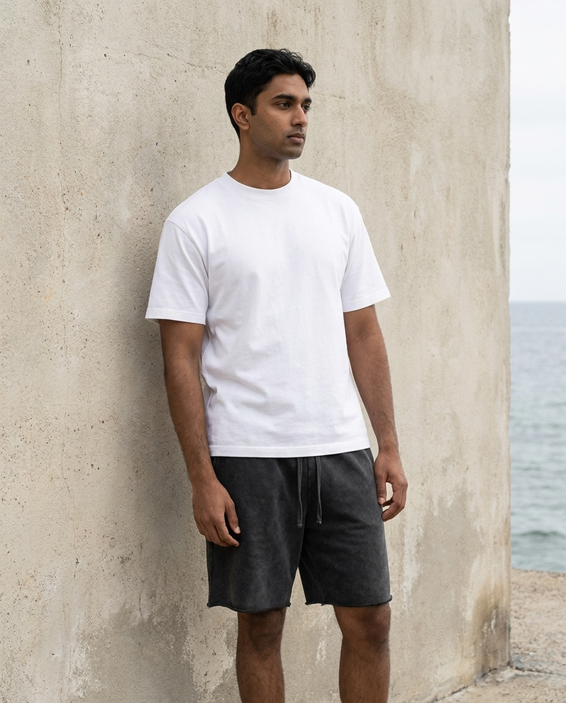 Model wearing Gilded Streets Snow Wash Raw-Hem Shorts, coastal editorial look