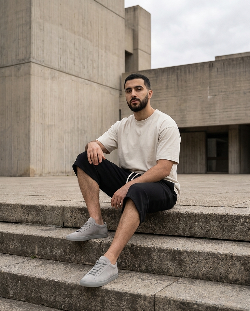 Model wearing Gilded Streets Relaxed Drawstring Three-Quarter Sweatpant on concrete steps