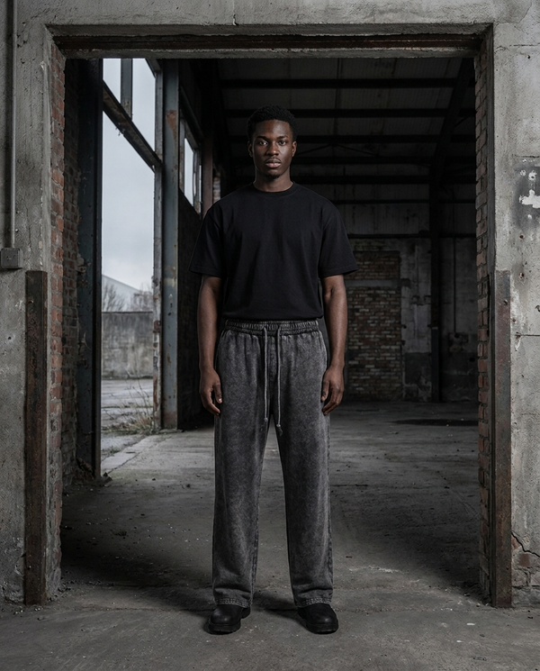 Model wearing Gilded Streets Acid Wash Straight-Leg Pant, limited drop editorial