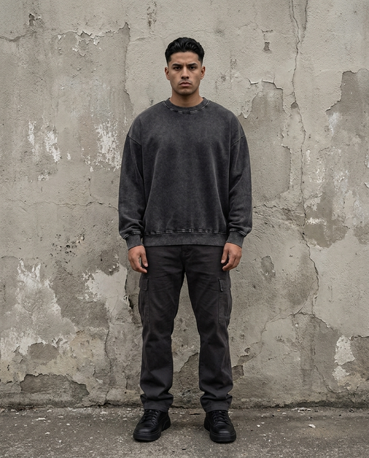 Model wearing Gilded Streets Acid Wash Oversize Sweatshirt, limited drop editorial
