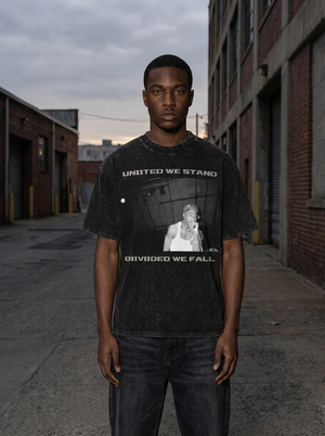Model wearing Gilded Streets x 2Pac United We Stand Acid Wash Tee