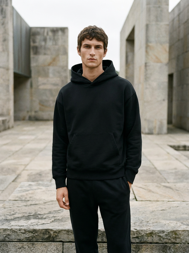 Model wearing Gilded Streets Heavyweight Cotton Hoodie, editorial
