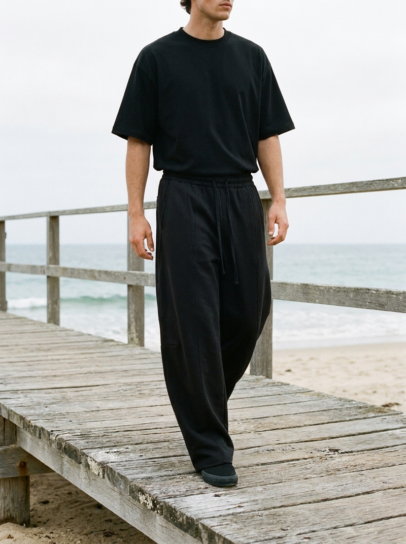 Model wearing Gilded Streets Heavyweight Wide Leg Panel Sweatpant, editorial
