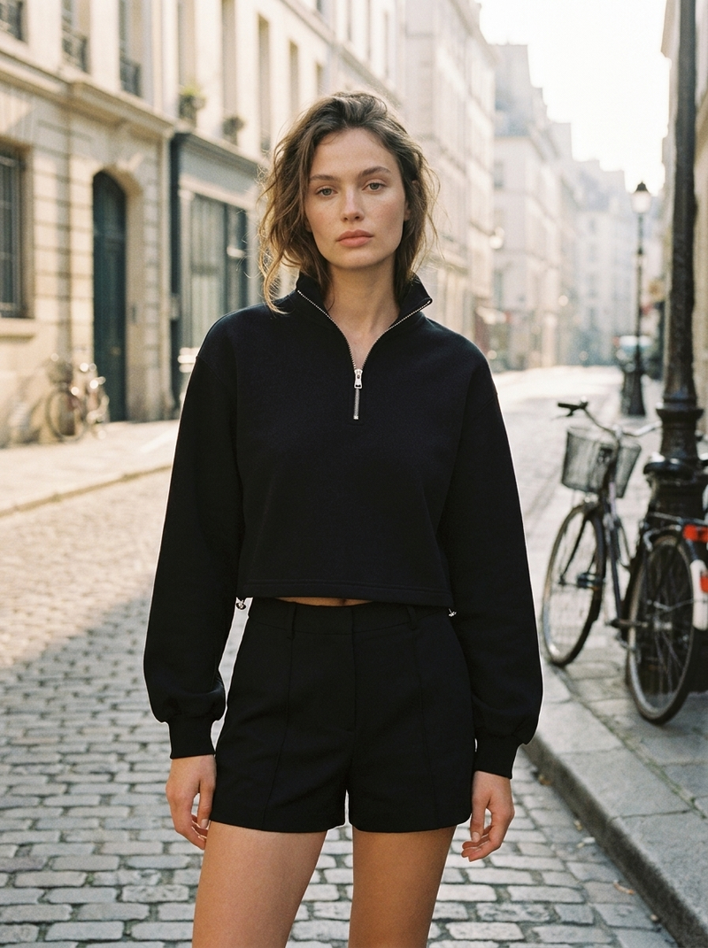 Model wearing Gilded Streets Mock-Neck Quarter-Zip Sweatshirt, editorial
