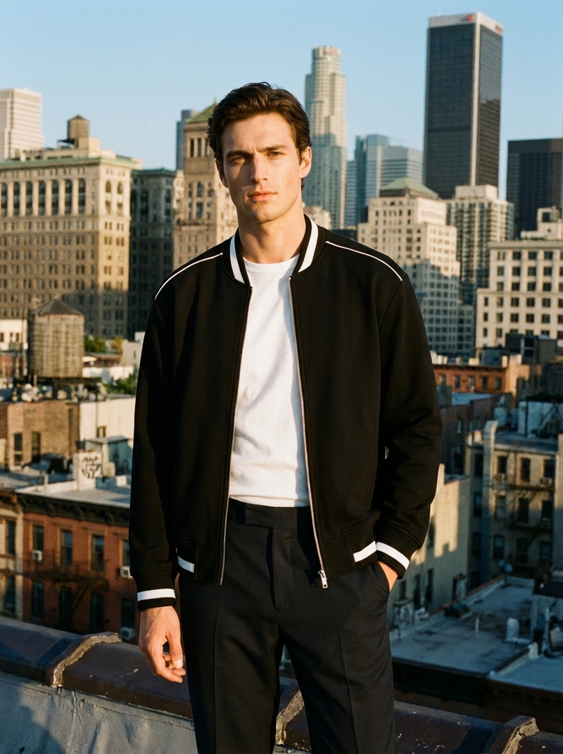 Model wearing Gilded Streets Contrast Piping Bomber Jacket, editorial